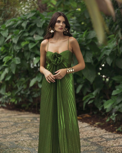 Mac Duggal Green Metallic Pleated Gown With 3D Flower