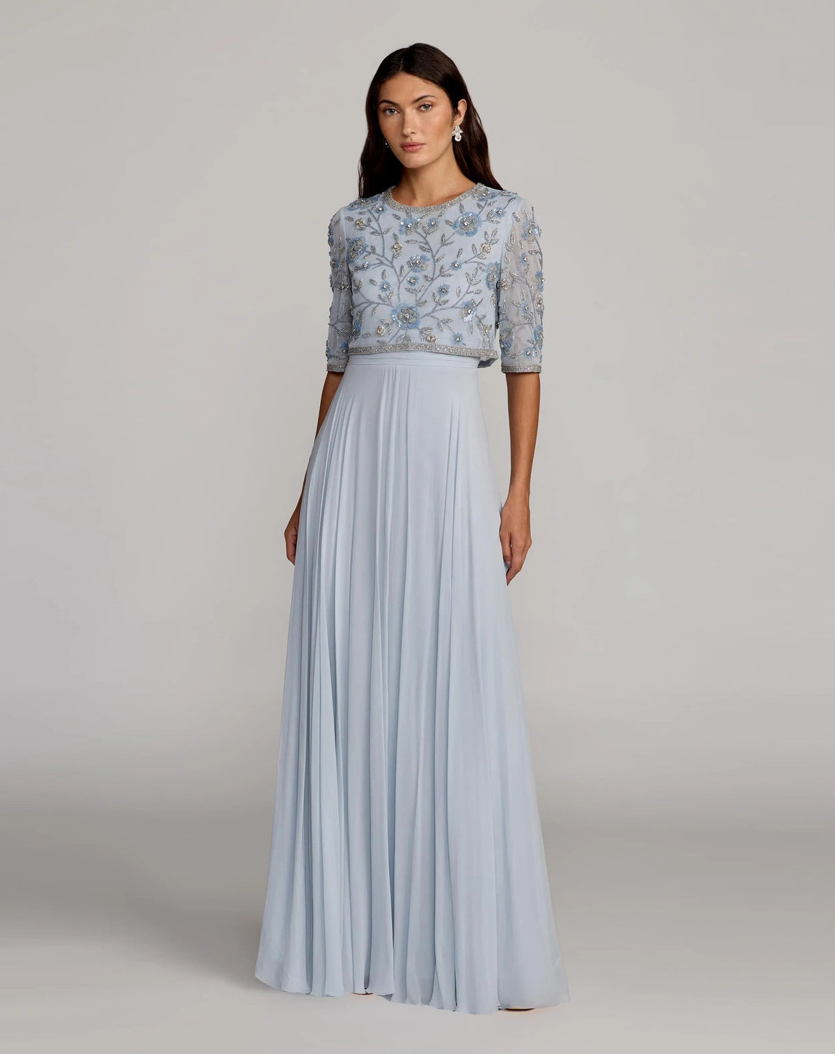 Mac Duggal Blue High Neck Embellished Top With Chiffon Skirt Gown