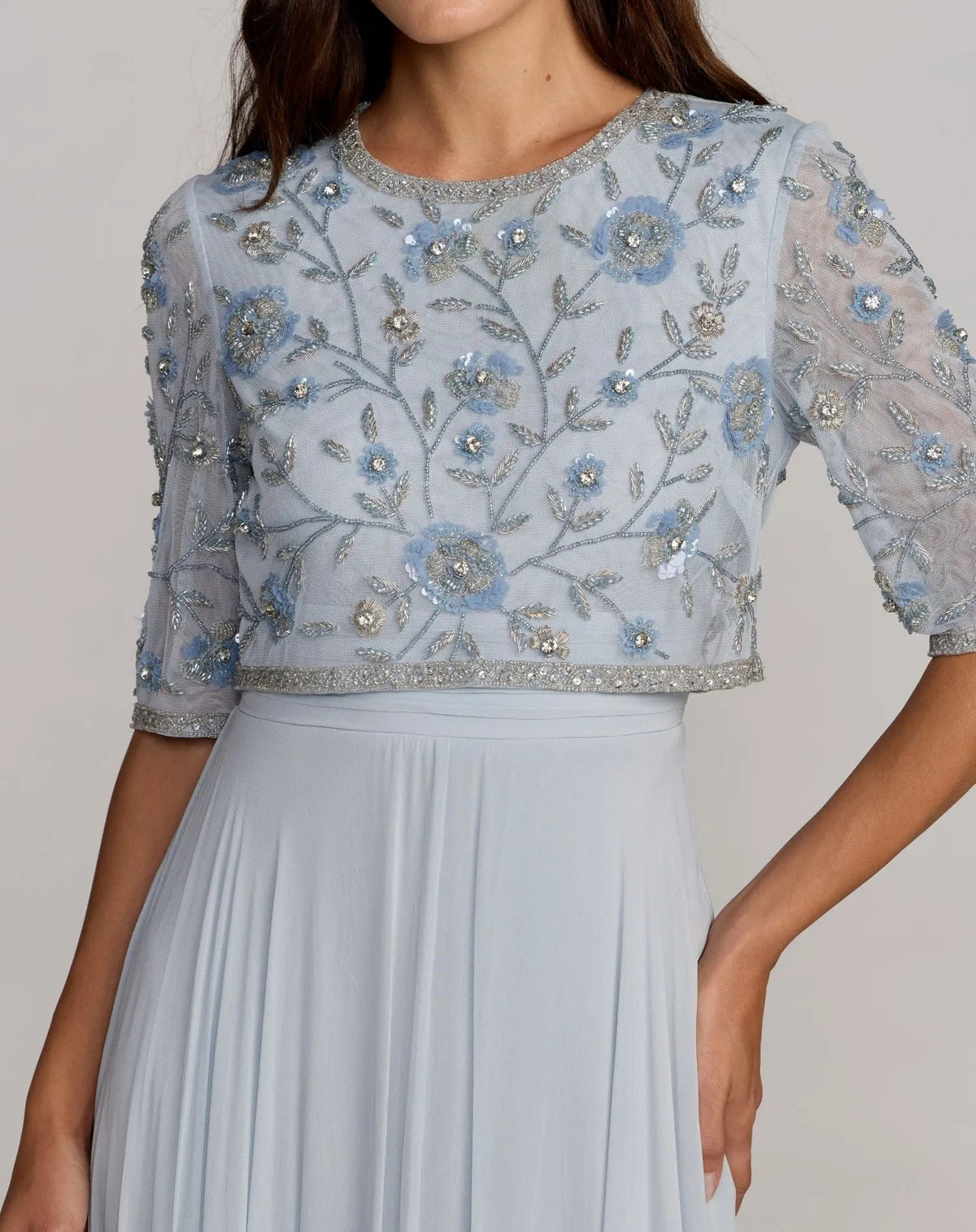 Mac Duggal Blue High Neck Embellished Top With Chiffon Skirt Gown