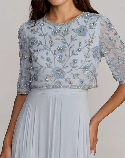 Mac Duggal Blue High Neck Embellished Top With Chiffon Skirt Gown