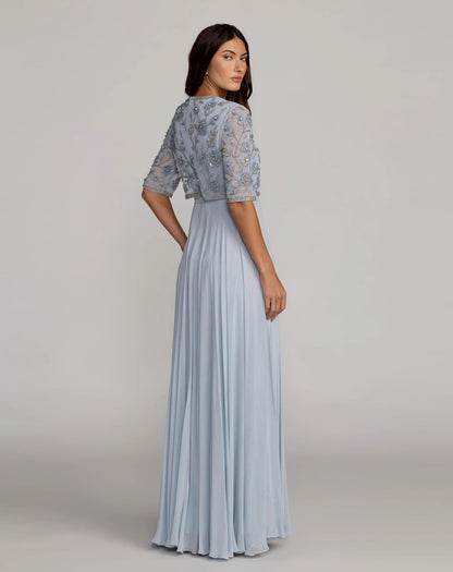 Mac Duggal Blue High Neck Embellished Top With Chiffon Skirt Gown