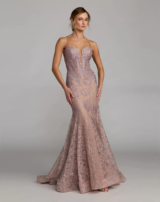 Mac Duggal Pink Embroidered Lace Sleeveless Mermaid Gown
