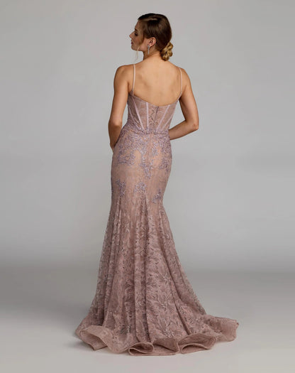 Mac Duggal Pink Embroidered Lace Sleeveless Mermaid Gown