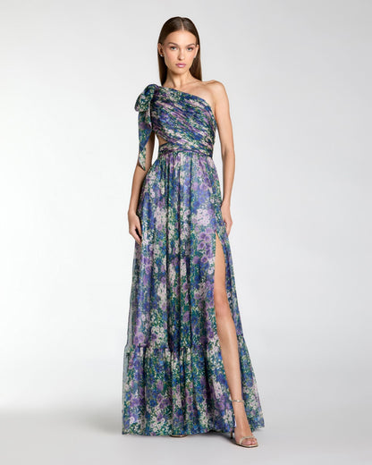 Mac Duggal Purple Floral Chiffon One Shoulder Cut Out Gown