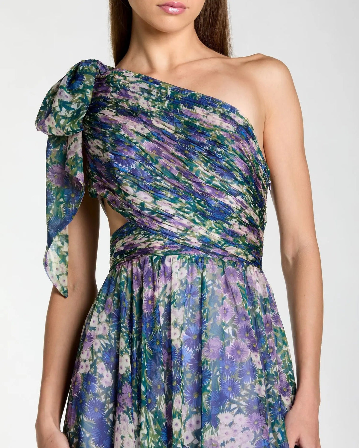 Mac Duggal Purple Floral Chiffon One Shoulder Cut Out Gown