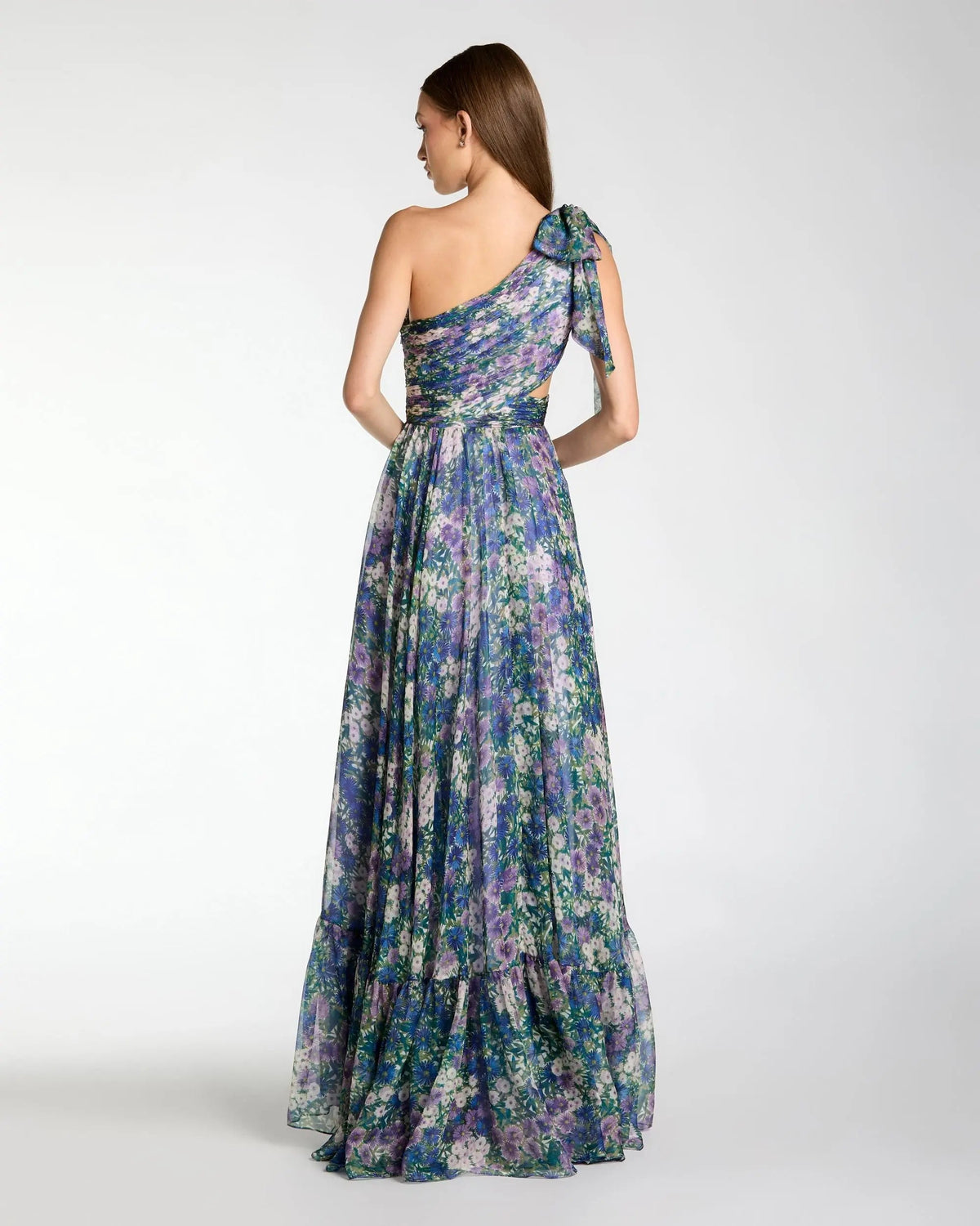 Mac Duggal Purple Floral Chiffon One Shoulder Cut Out Gown