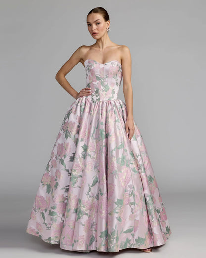 Mac Duggal Pink Floral Strapless Ball Gown With Pockets