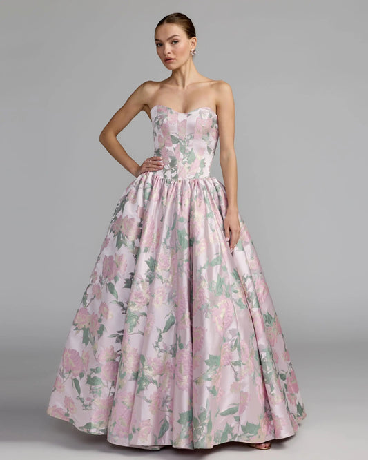 Mac Duggal Pink Floral Strapless Ball Gown With Pockets