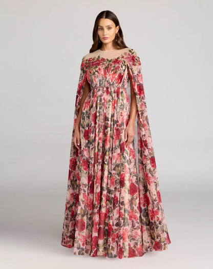 Mac Duggal Multicolor Floral Printed Chiffon High Neck Cape Gown