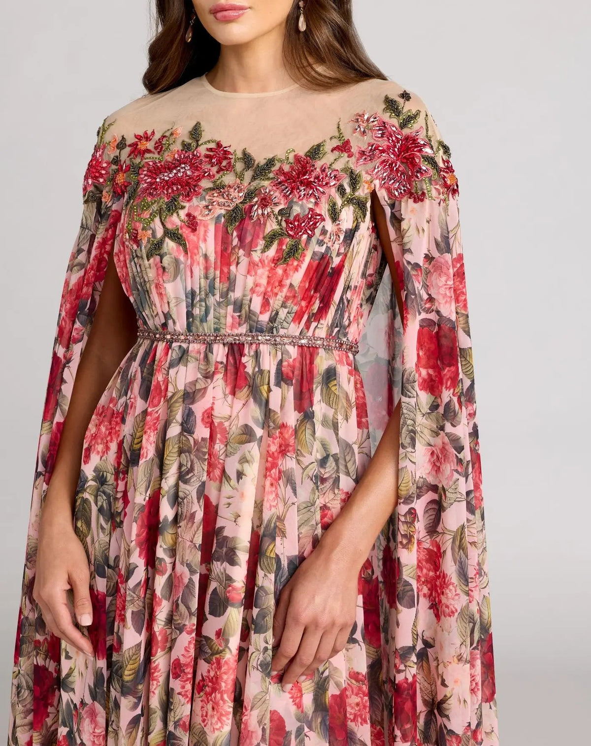 Mac Duggal Multicolor Floral Printed Chiffon High Neck Cape Gown