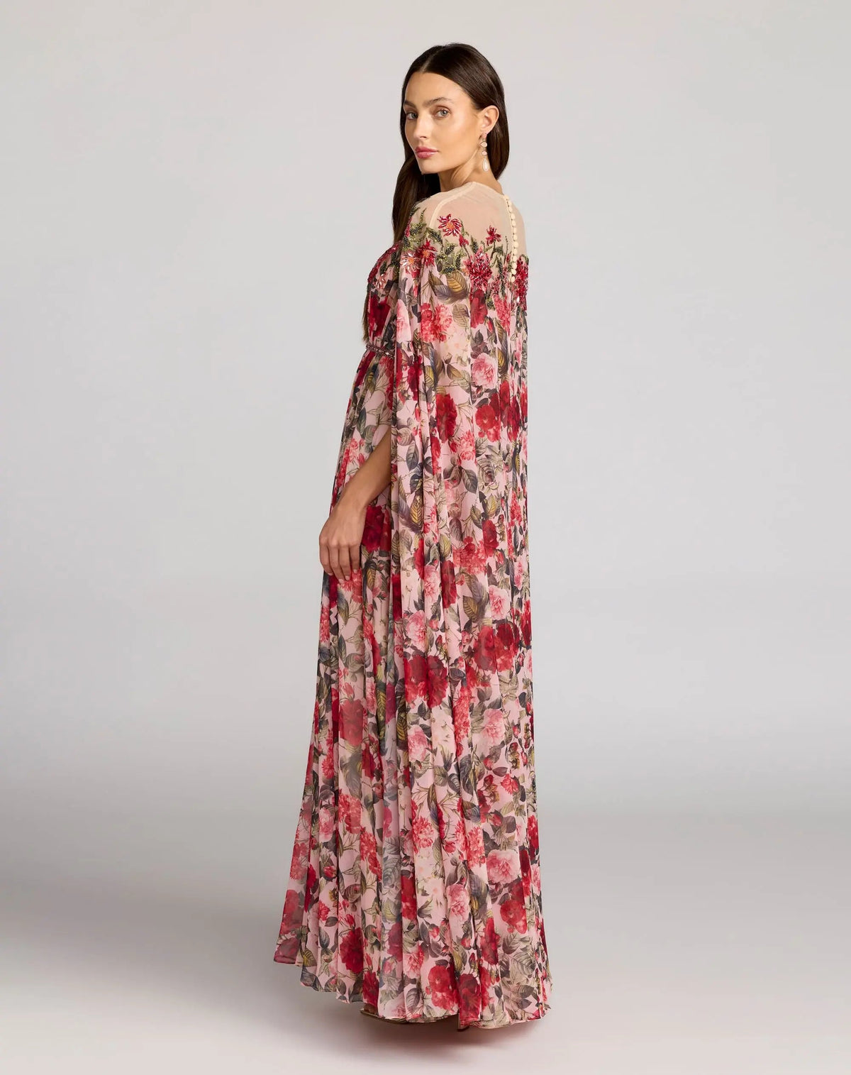 Mac Duggal Multicolor Floral Printed Chiffon High Neck Cape Gown