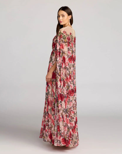 Mac Duggal Multicolor Floral Printed Chiffon High Neck Cape Gown