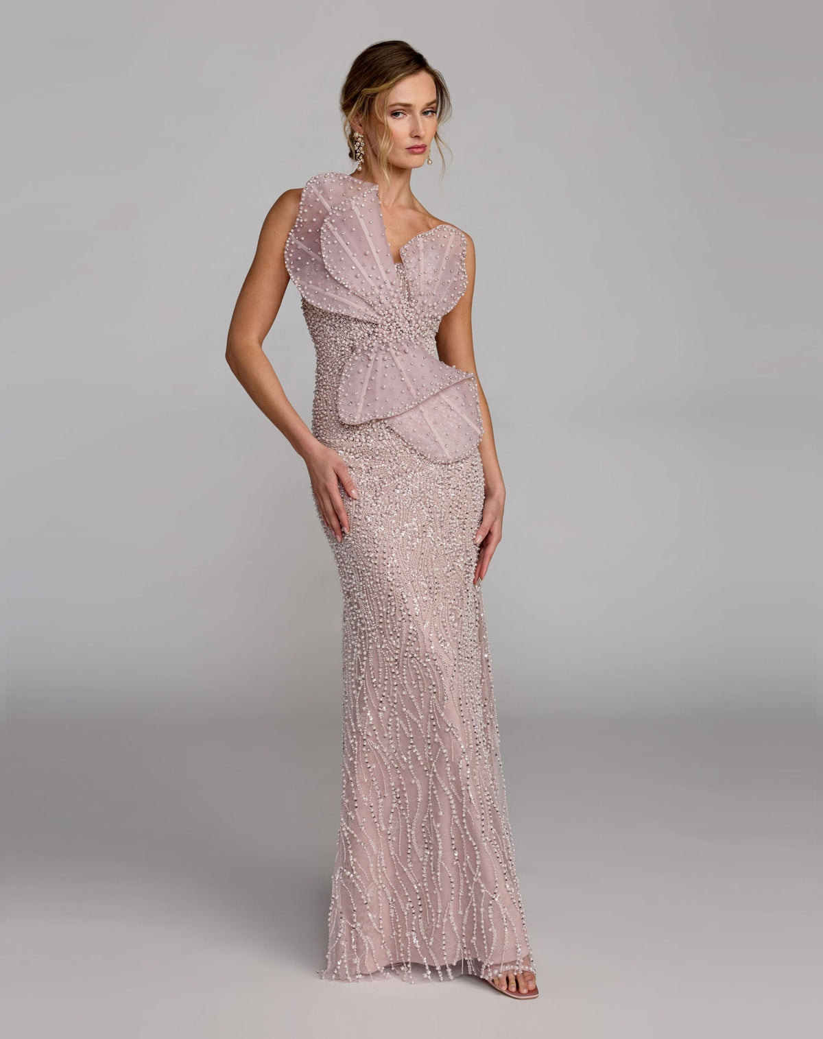 Mac Duggal Purple Strapless Embellished Column Gown With 3D Petals