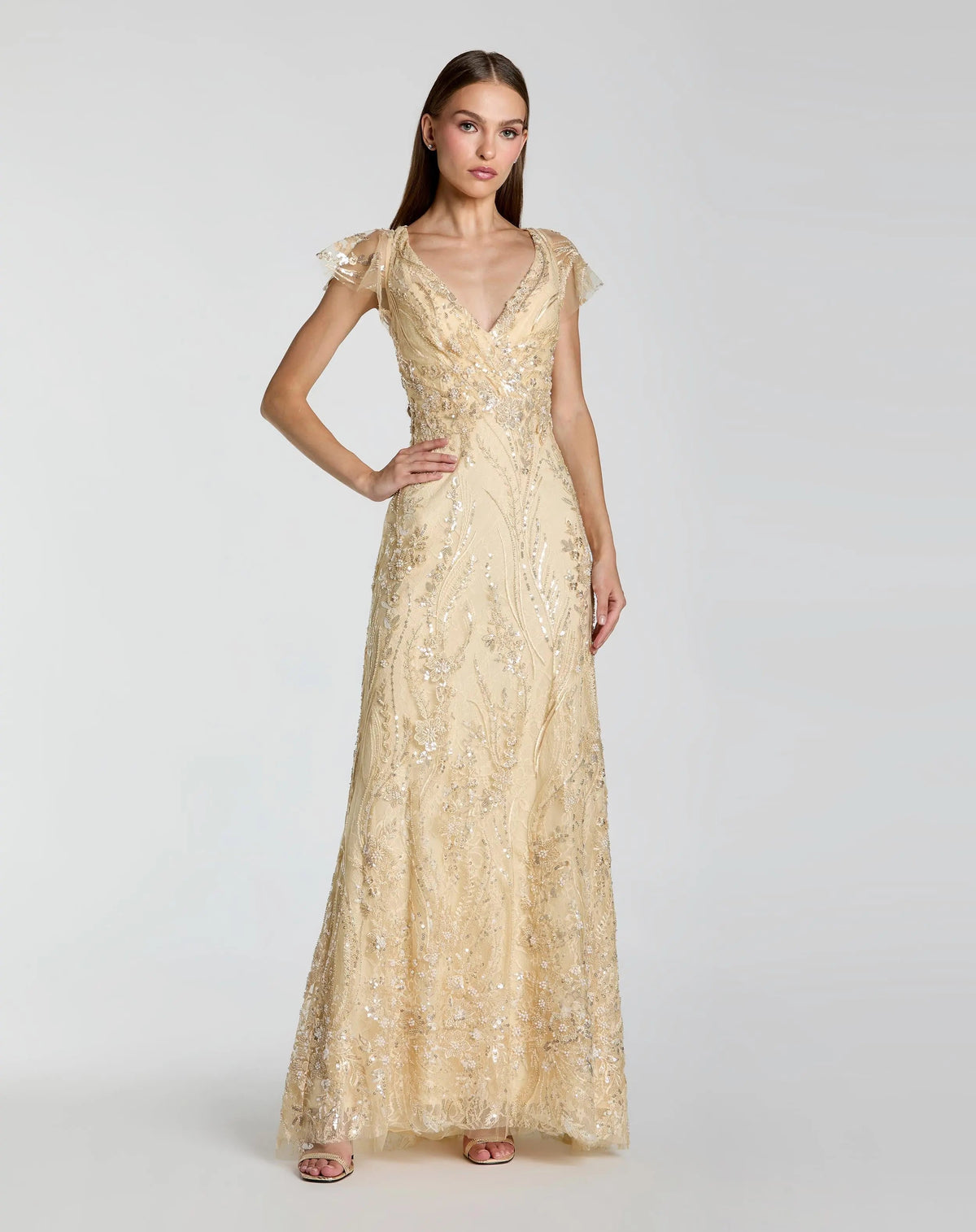 Mac Duggal Gold V Neck Flutter Sleeve Embroidered Lace Gown