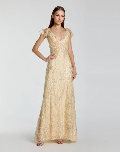 Mac Duggal Gold V Neck Flutter Sleeve Embroidered Lace Gown