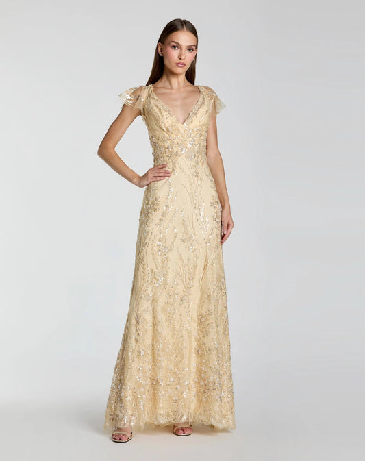 Mac Duggal Gold V Neck Flutter Sleeve Embroidered Lace Gown