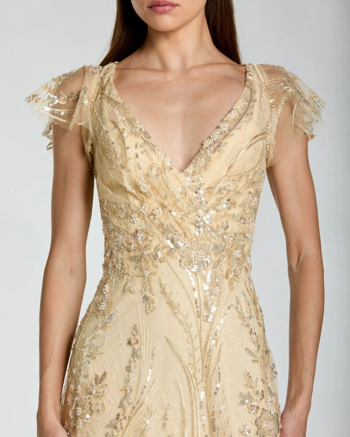 Mac Duggal Gold V Neck Flutter Sleeve Embroidered Lace Gown