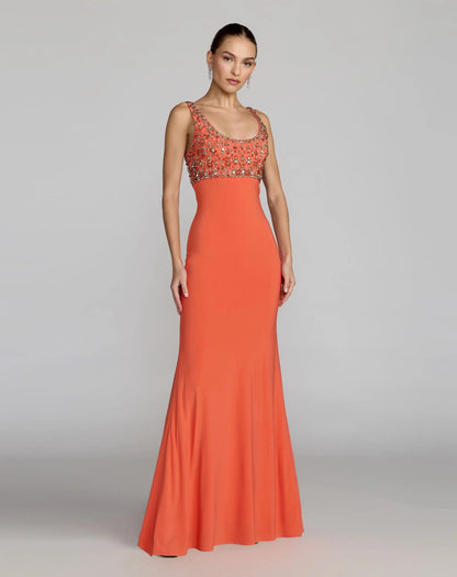 Mac Duggal Orange Sleeveless Scoop Neck Embellished Jersey Gown