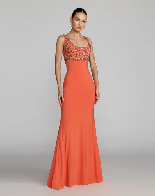Mac Duggal Orange Sleeveless Scoop Neck Embellished Jersey Gown