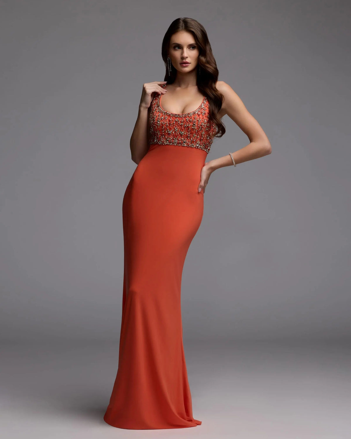Mac Duggal Orange Sleeveless Scoop Neck Embellished Jersey Gown