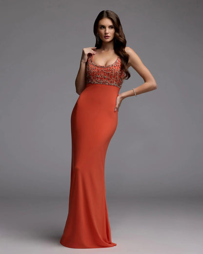 Mac Duggal Orange Sleeveless Scoop Neck Embellished Jersey Gown