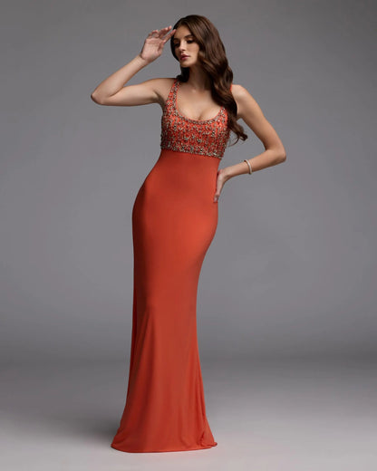 Mac Duggal Orange Sleeveless Scoop Neck Embellished Jersey Gown