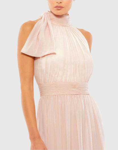 Mac Duggal Petite Pink A Line Gown with High Neckline