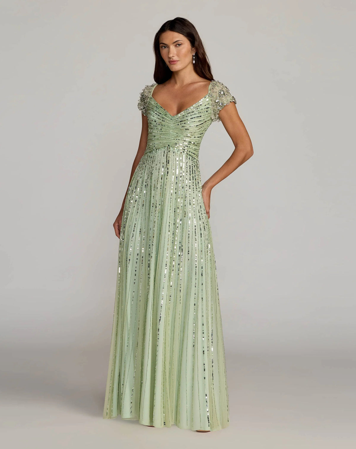 Mac Duggal Sage Green Embellished V-Neck Cap Sleeve Gown