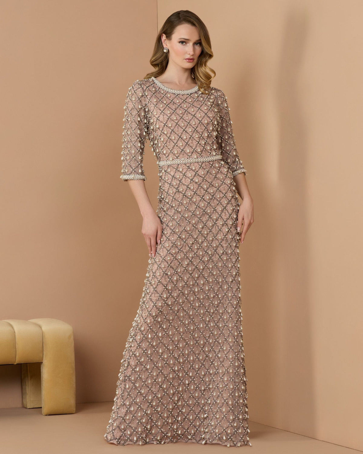 Mac Duggal Petite Pink Pearl Embellished 3/4 Sleeve Gown