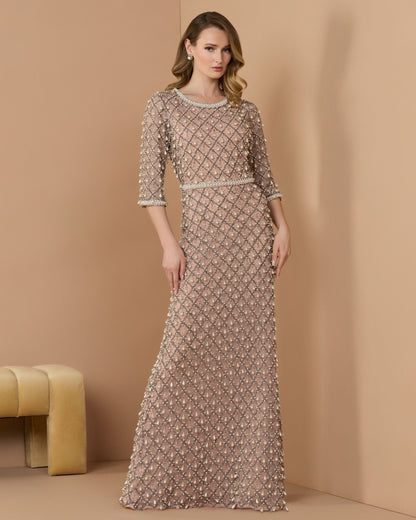 Mac Duggal Petite Pink Pearl Embellished 3/4 Sleeve Gown