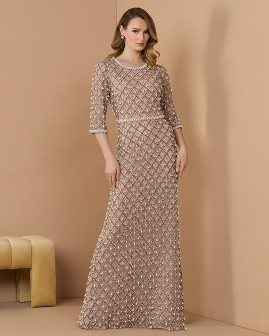 Mac Duggal Petite Pink Pearl Embellished 3/4 Sleeve Gown