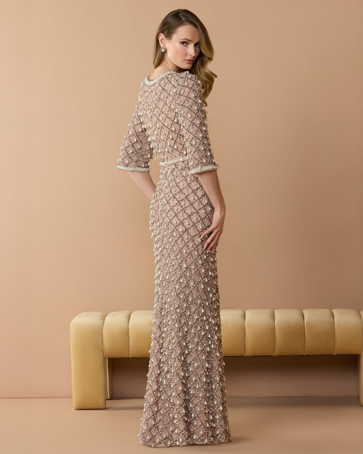Mac Duggal Petite Pink Pearl Embellished 3/4 Sleeve Gown