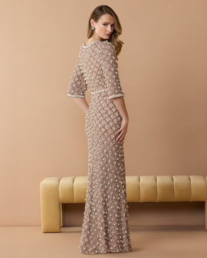 Mac Duggal Petite Pink Pearl Embellished 3/4 Sleeve Gown
