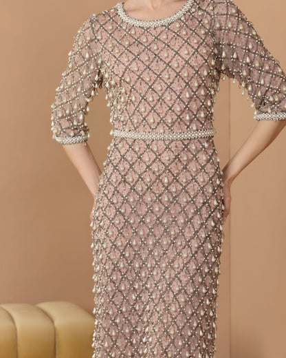 Mac Duggal Petite Pink Pearl Embellished 3/4 Sleeve Gown
