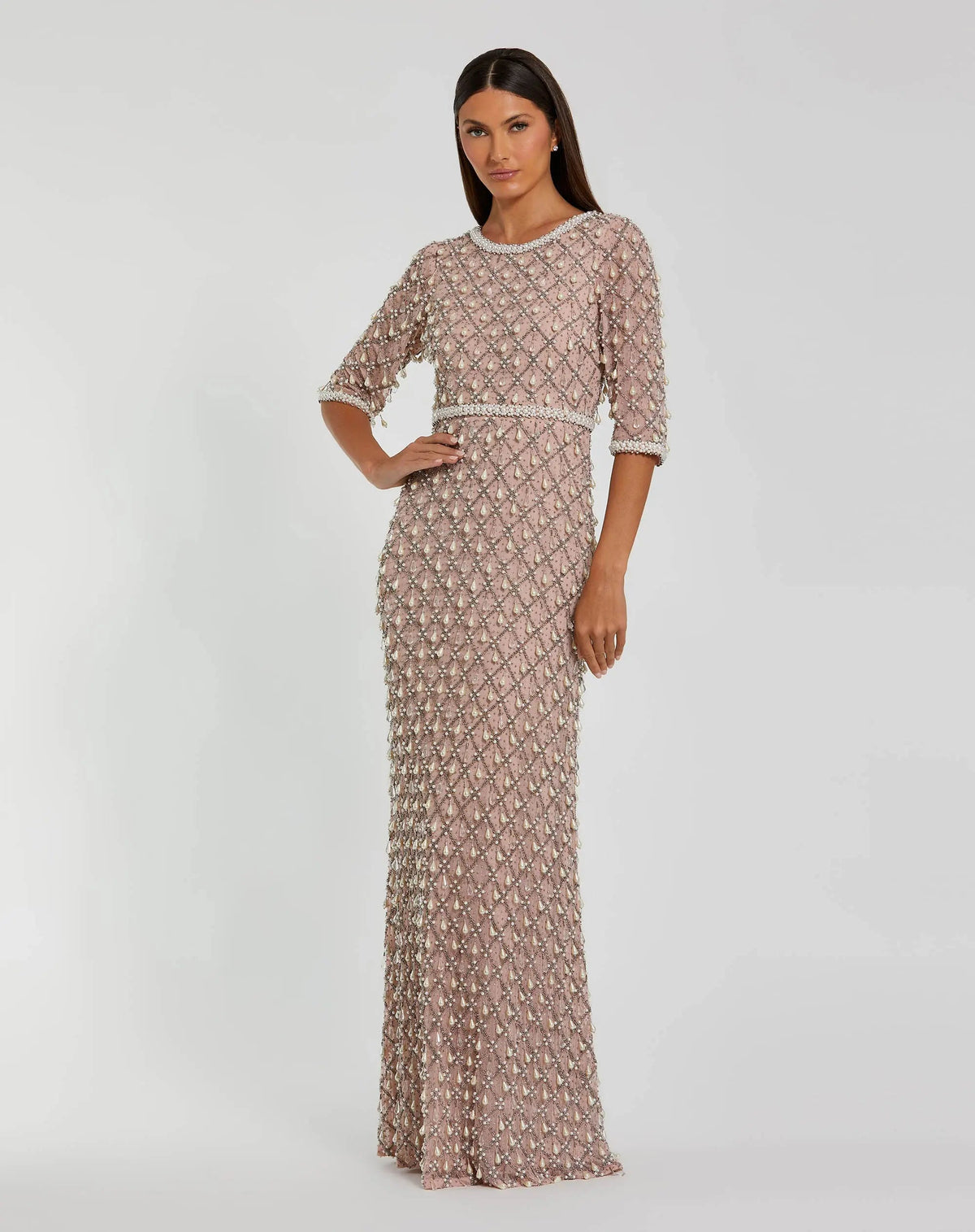 Mac Duggal Petite Pink Pearl Embellished 3/4 Sleeve Gown