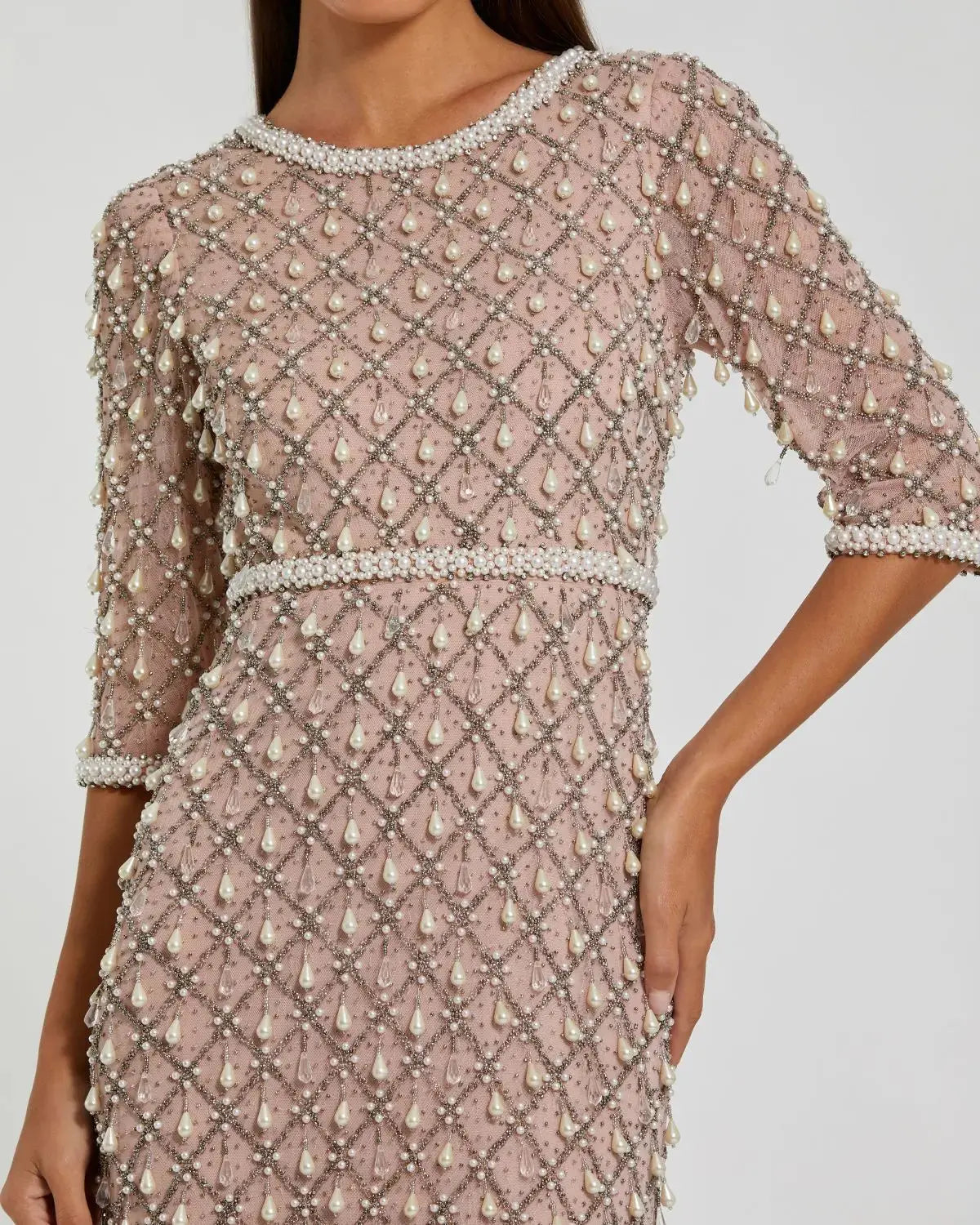 Mac Duggal Petite Pink Pearl Embellished 3/4 Sleeve Gown