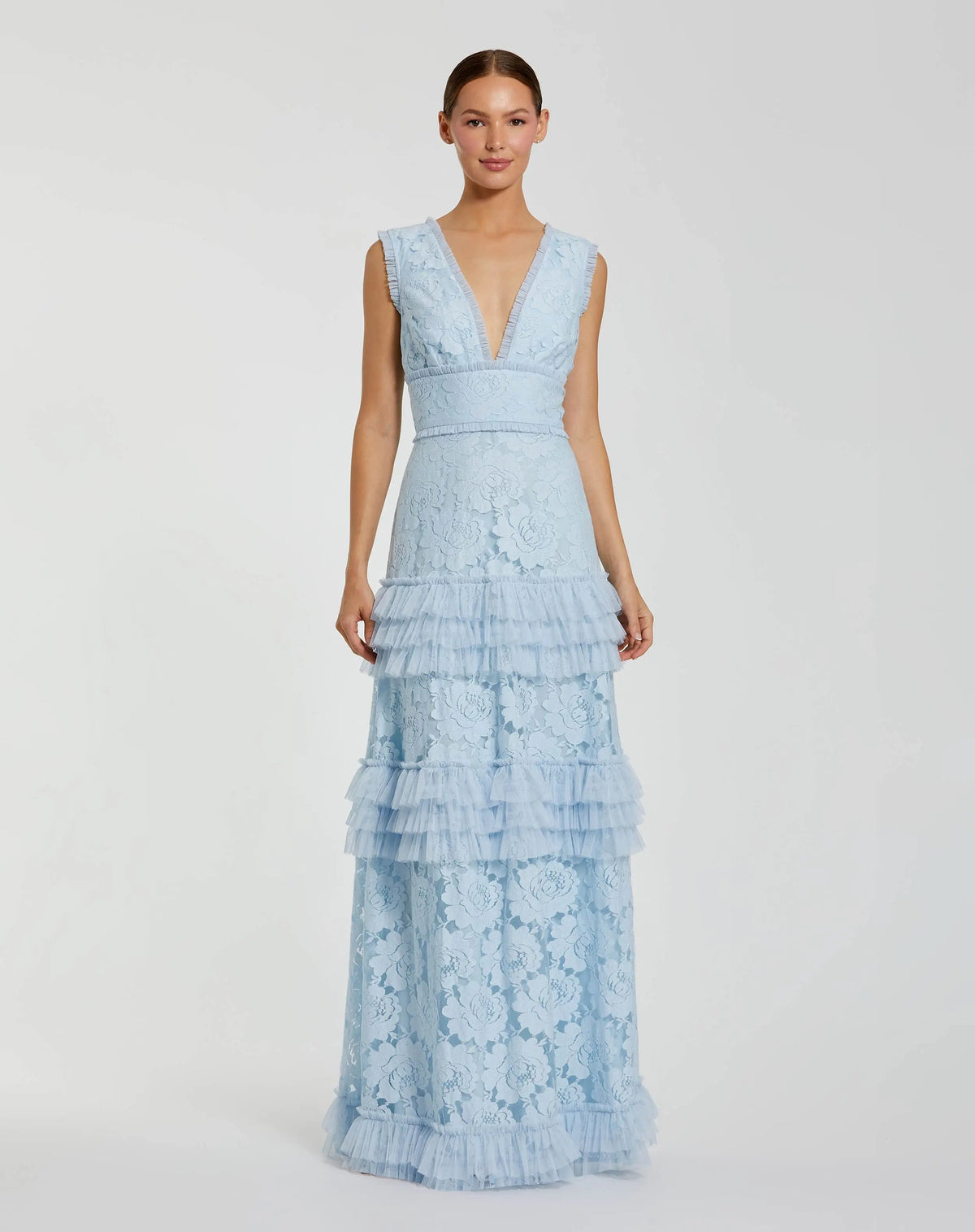 Mac Duggal Blue V Neck Lace Tiered Ruffle Gown