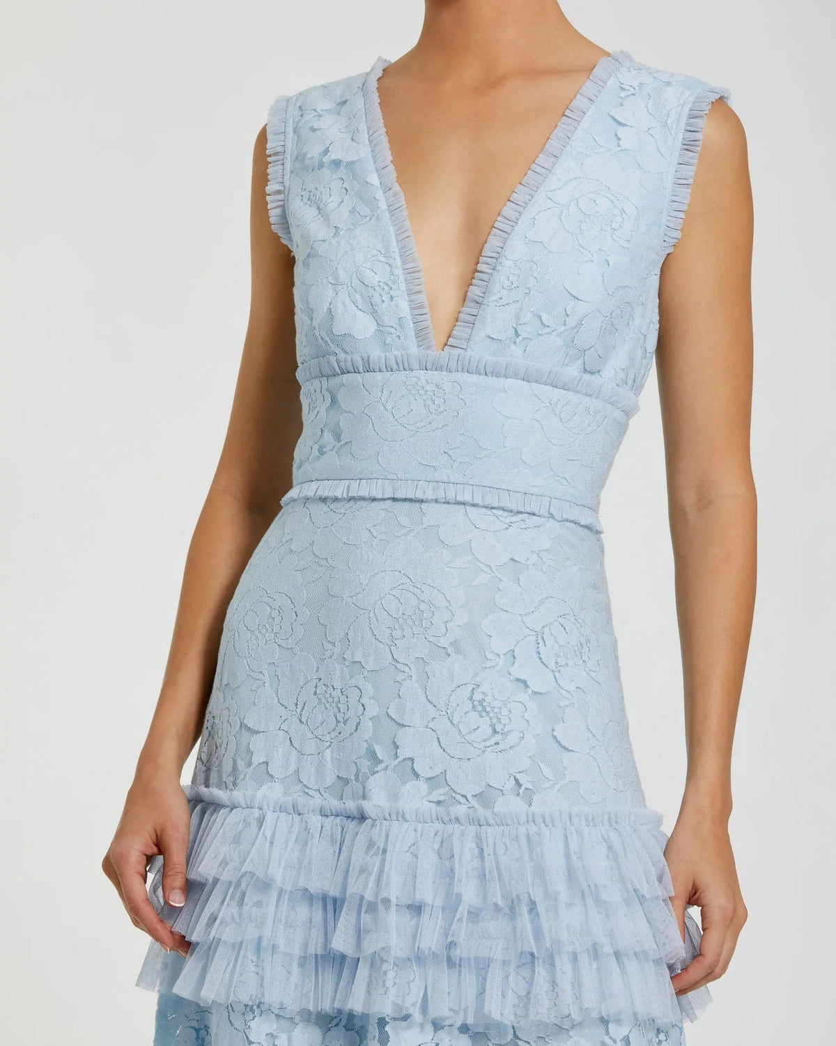 Mac Duggal Blue V Neck Lace Tiered Ruffle Gown