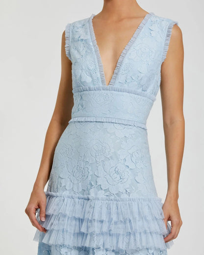Mac Duggal Blue V Neck Lace Tiered Ruffle Gown