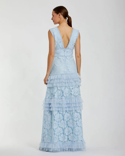 Mac Duggal Blue V Neck Lace Tiered Ruffle Gown