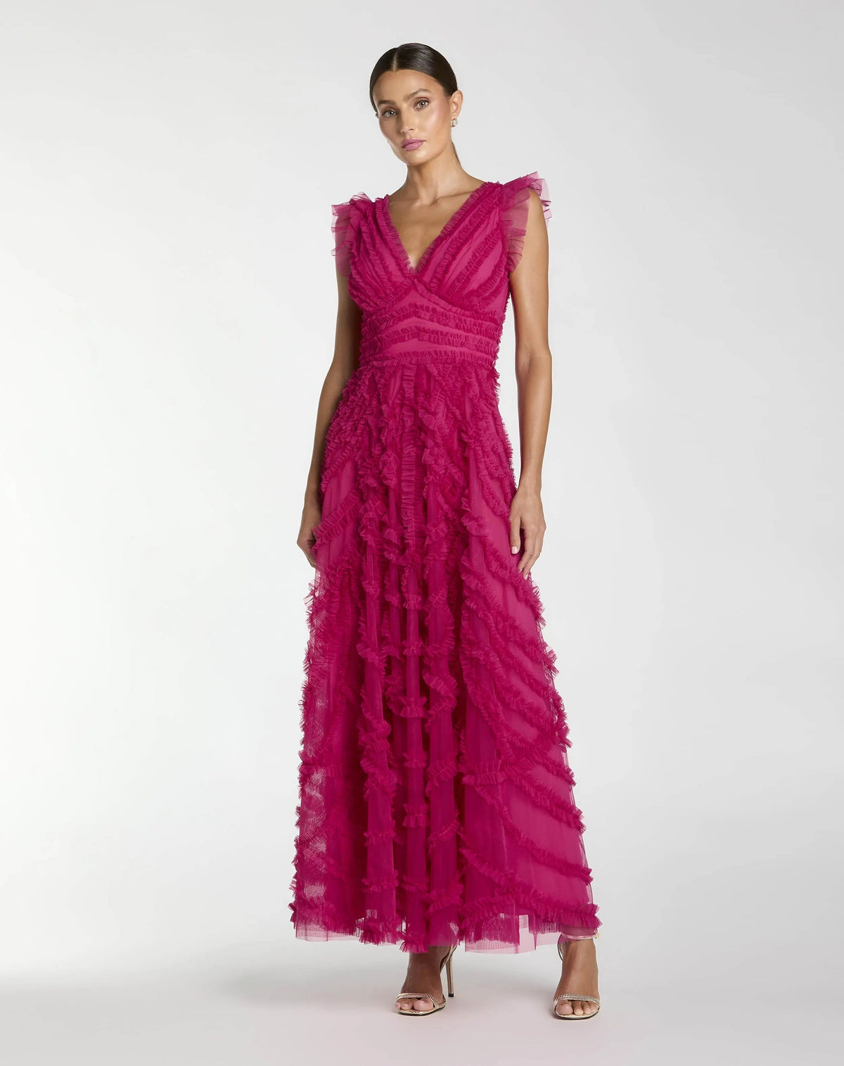 Mac Duggal Pink V-Neck Cap Sleeve Ruffle Maxi Dress