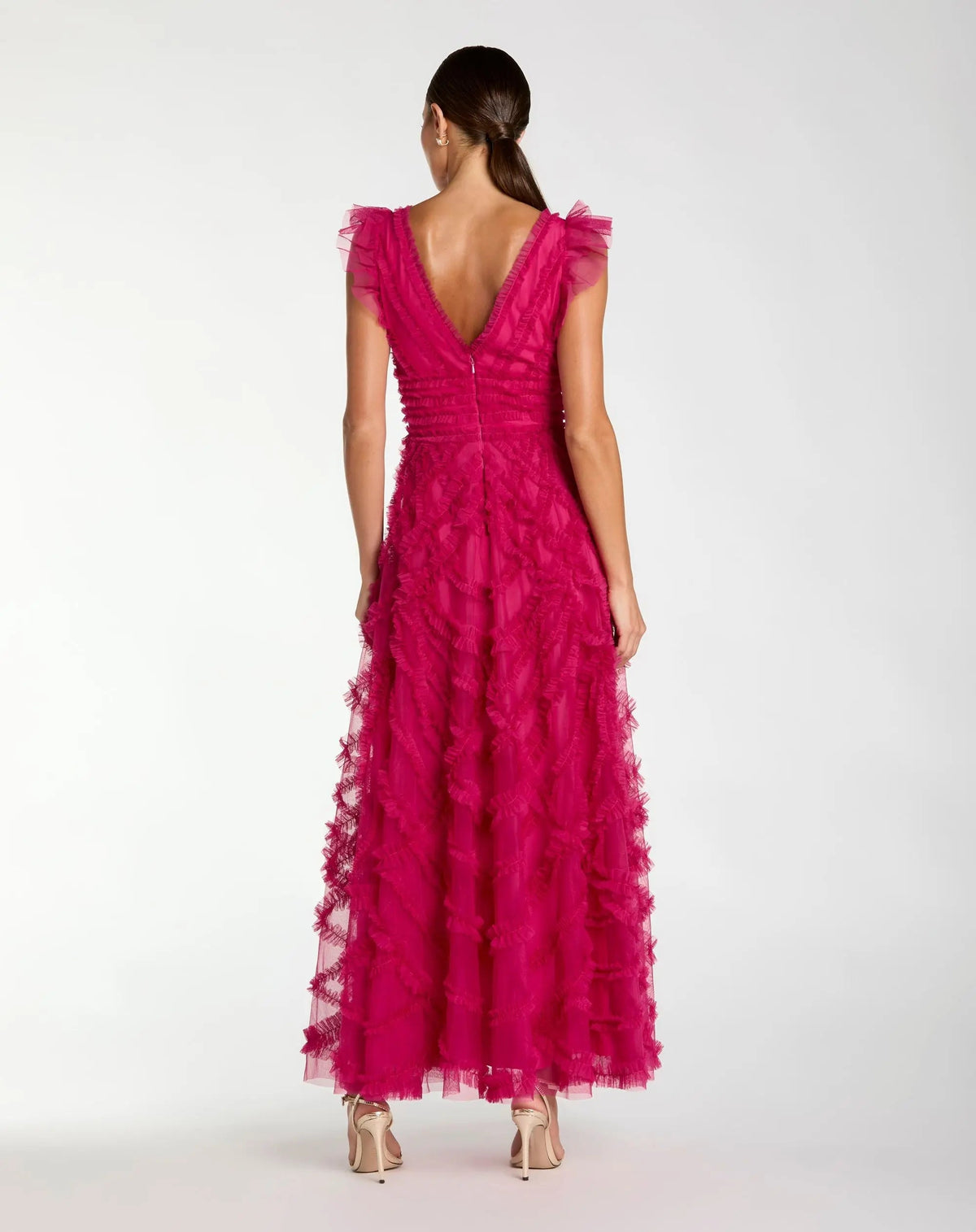 Mac Duggal Pink V-Neck Cap Sleeve Ruffle Maxi Dress