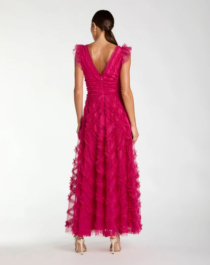 Mac Duggal Pink V-Neck Cap Sleeve Ruffle Maxi Dress
