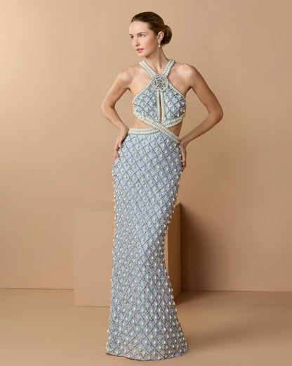 Mac Duggal Blue Pearl Embellished Open Back Gown