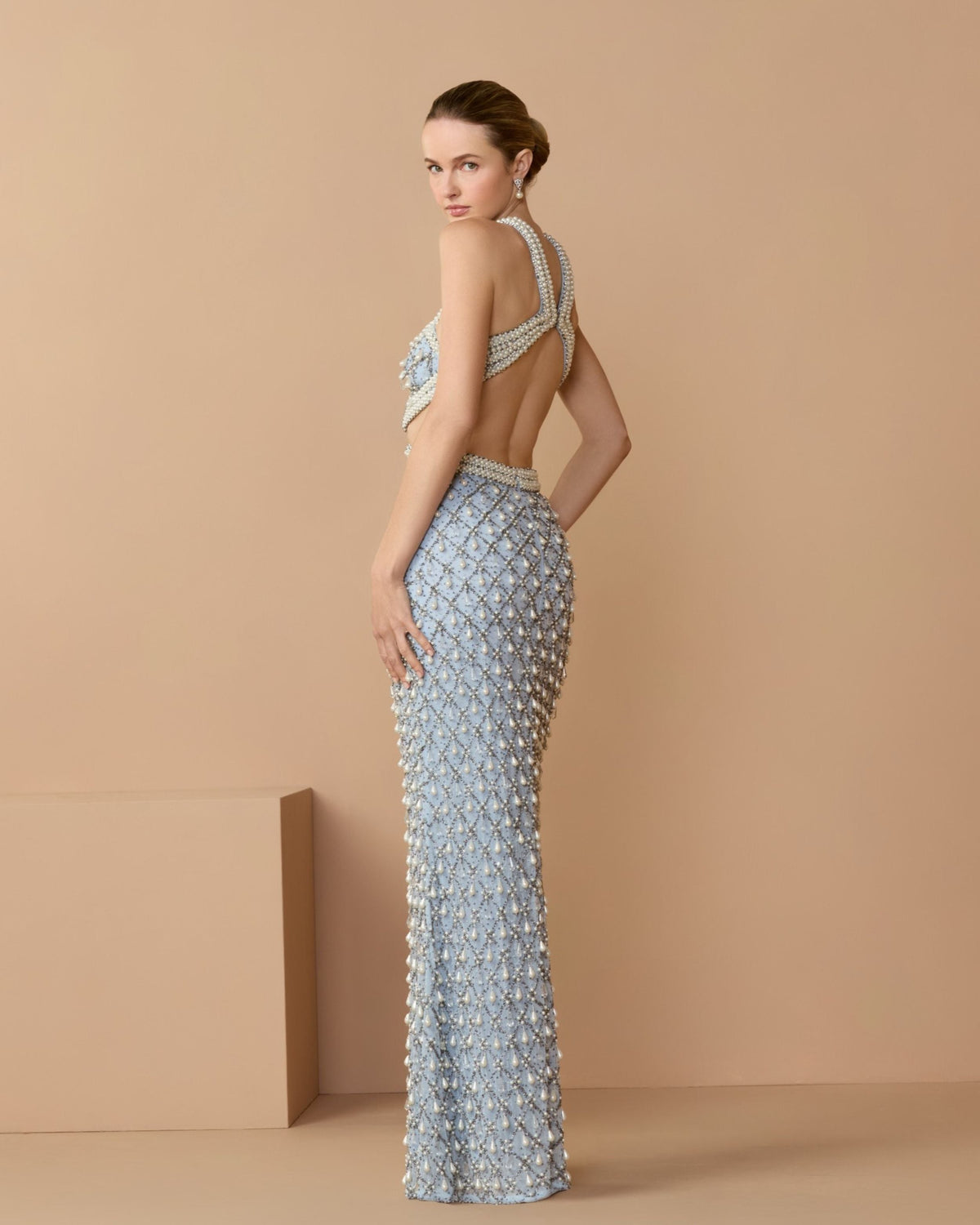 Mac Duggal Blue Pearl Embellished Open Back Gown