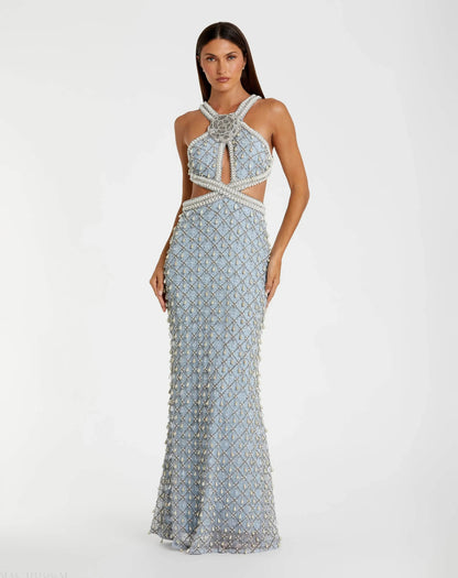 Mac Duggal Blue Pearl Embellished Open Back Gown