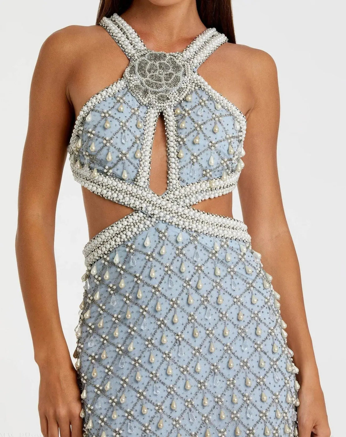 Mac Duggal Blue Pearl Embellished Open Back Gown