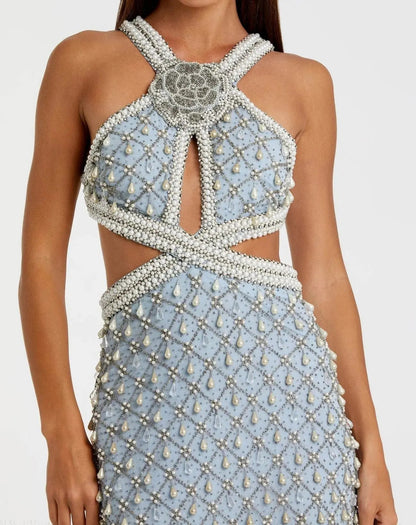 Mac Duggal Blue Pearl Embellished Open Back Gown