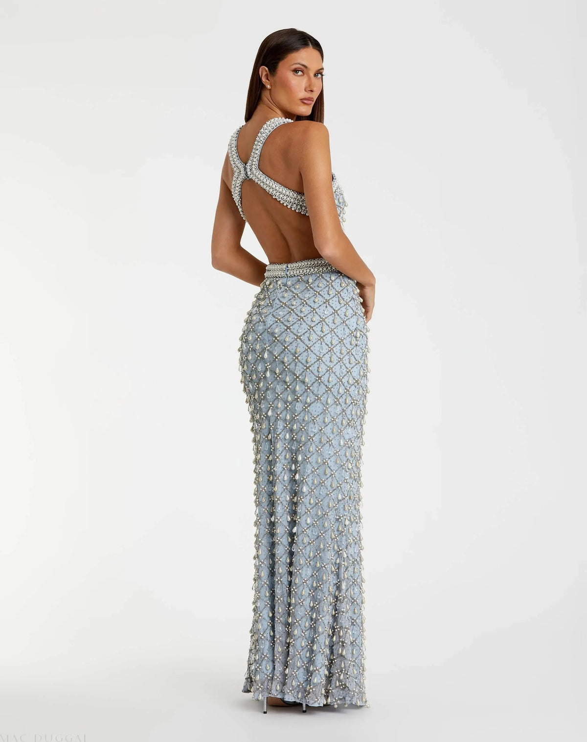 Mac Duggal Blue Pearl Embellished Open Back Gown