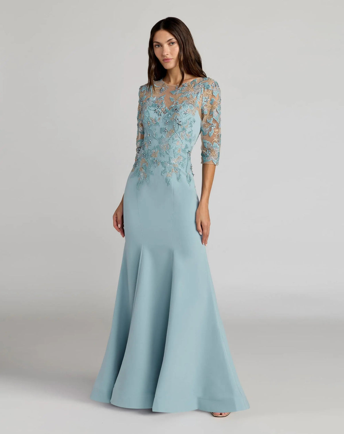 Mac Duggal Blue Embroidered Crepe Mermaid Gown With 3/4 Sleeves